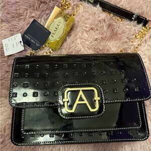 Arcadia Black Patent Shoulder Bag with Gold Accents